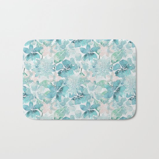 Blue green watercolor flower pattern Bath Mat