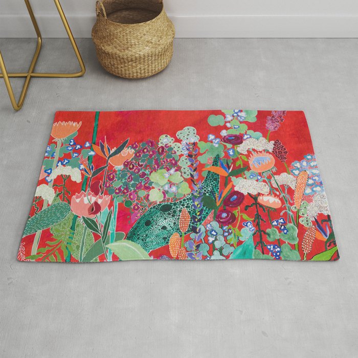 Floral Jungle on Red with Proteas, Eucalyptus and Birds of Paradise Rug