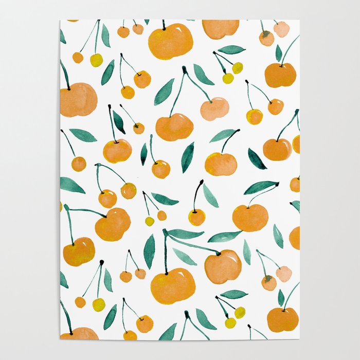 Watercolor cherries - yellow and green Poster