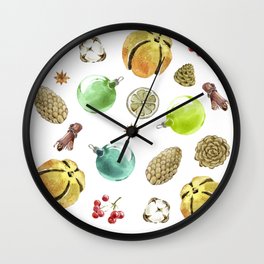Christmas Set. New Year decoration Adornment coniferous green with cones, balls, berries, citrus Wall Clock