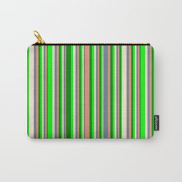 [ Thumbnail: Eyecatching Lime, Green, Dark Salmon, Slate Gray & Beige Colored Striped/Lined Pattern Carry-All Pouch ]