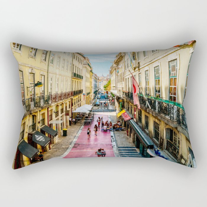 Beautiful Pink Street Downtown Lisbon City, Wall Art Print, Modern Architecture Art, Poster Decor Rectangular Pillow