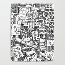 DINNER TIME FOR THE ROBOT Poster | Acrylic, Gear, Illustration, Black And White, Castor, Gears, Steampunk, Robot, Gearing, Mechanism 