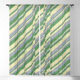 [ Thumbnail: Slate Gray, Dark Green & Tan Colored Lines/Stripes Pattern Sheer Curtain ]