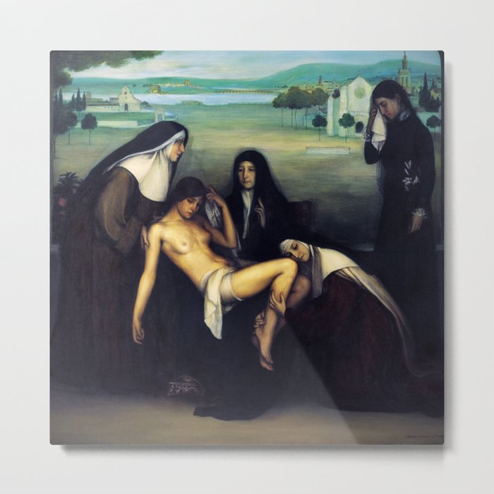 1915 Classical Masterpiece The Grace given to a fallen woman by Julio Romero de Torres Metal Print