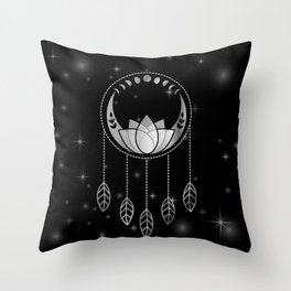 Mystic lotus dream catcher with moons and stars silver Throw Pillow