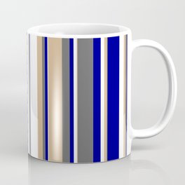 [ Thumbnail: Tan, Dim Grey, Dark Blue & White Colored Striped/Lined Pattern Coffee Mug ]