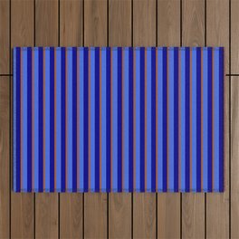 [ Thumbnail: Sienna, Dark Blue, and Royal Blue Colored Lined Pattern Outdoor Rug ]