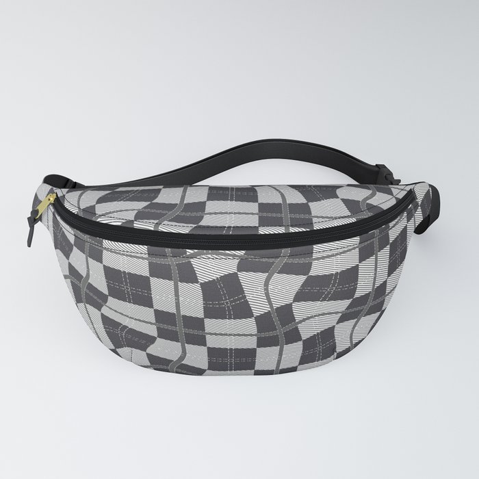 Warped Checkerboard Grid Illustration black and white Fanny Pack