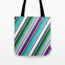 [ Thumbnail: Colorful Grey, Purple, Dark Turquoise, Mint Cream & Dark Green Colored Pattern of Stripes Tote Bag ]