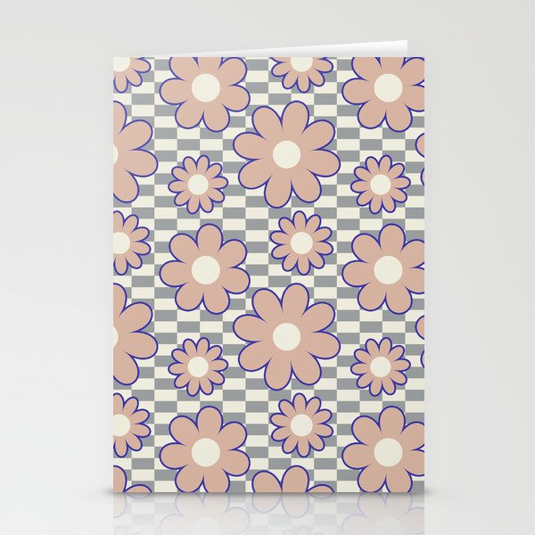Simple Retro Flowers on Alternative Checkerboard (Muted Neutral Colors) Stationery Cards