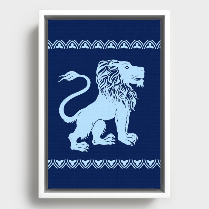 William de Morgan Heraldic Lion, Sky Blue on Navy Framed Canvas