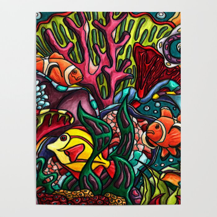 Tropical fish in coral reef painting, colorful under the sea life Poster