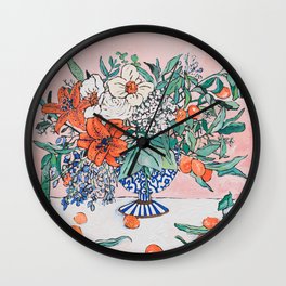 California Summer Bouquet - Oranges and Lily Blossoms in Blue and White Urn Wall Clock