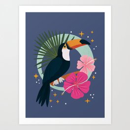 Tropical toucan and hibiscus flowers Art Print