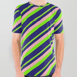 [ Thumbnail: Light Pink, Green, and Midnight Blue Colored Striped/Lined Pattern All Over Graphic Tee ]