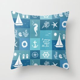 Vintage nautical items & sea creatures blue board Throw Pillow