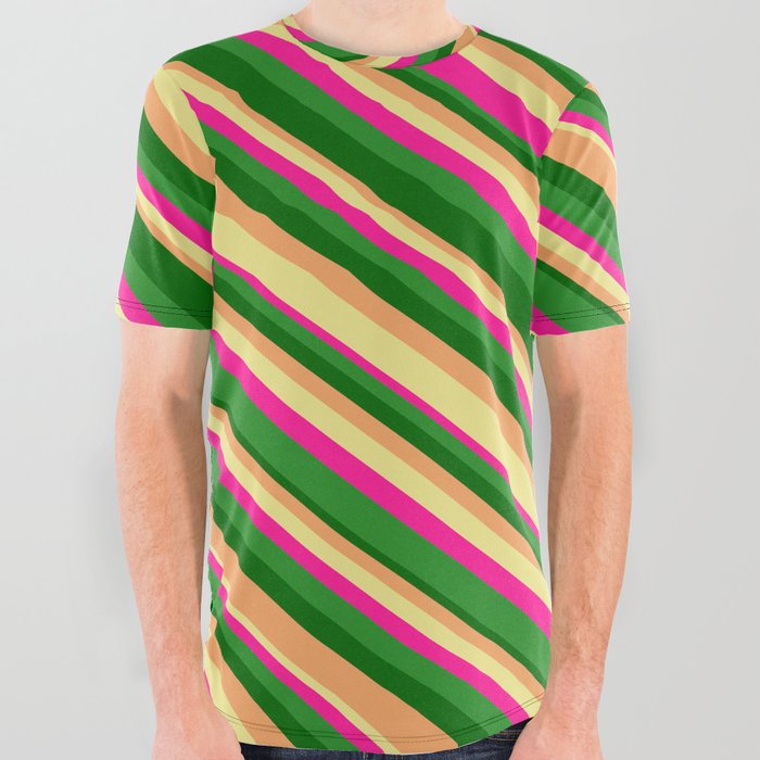 Dark Green, Brown, Tan, Deep Pink, and Forest Green Colored Lines/Stripes Pattern All Over Graphic Tee