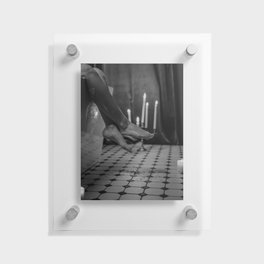 Let it all hang out; female portrait with candles in the bathtub black and white photograph - photography - photographs Floating Acrylic Print