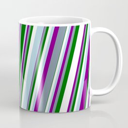 [ Thumbnail: Light Blue, Purple, Light Slate Gray, Dark Green & White Colored Striped Pattern Coffee Mug ]