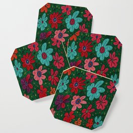 Abstract Multi-coloured Flowers Floating in Green  Coaster