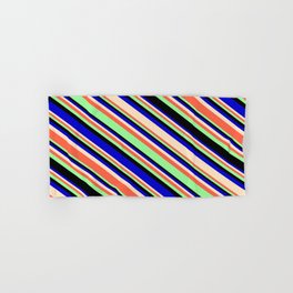 [ Thumbnail: Eye-catching Blue, Bisque, Red, Green, and Black Colored Lines/Stripes Pattern Hand & Bath Towel ]