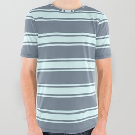 [ Thumbnail: Light Slate Gray & Light Cyan Colored Lines/Stripes Pattern All Over Graphic Tee ]