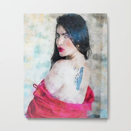 Woman With Black Floral Tattoo On Her Back Metal Print | Portraitgirl, Accessories, Portraits, Models, Accessory, Brown, Watercolorart, Portraitwoman, Painting, Modelgirl 