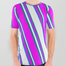 [ Thumbnail: Royal Blue, Mint Cream, Teal, and Fuchsia Colored Lined Pattern All Over Graphic Tee ]