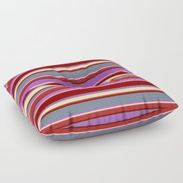 [ Thumbnail: Eyecatching Slate Gray, Orchid, Pale Goldenrod, Red, and Dark Red Colored Lines/Stripes Pattern Floor Pillow ]