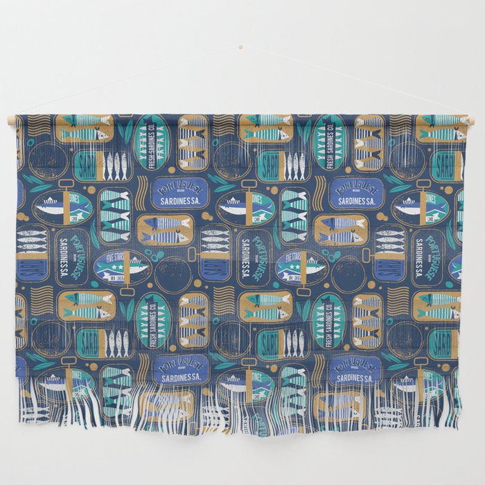 Vintage canned sardines // navy blue background peacock teal and electric blue cans  Wall Hanging