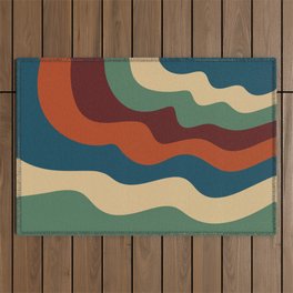 Modern Retro Abstract Color Block Waves // Rust, Green, Blue, Burgundy, Blue, Wheat Outdoor Rug