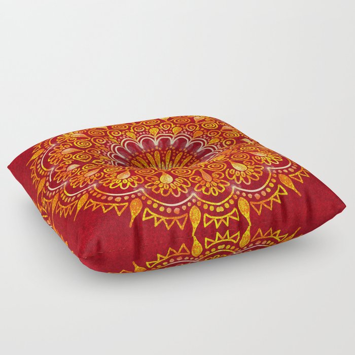 Warm Cinnamon Red Mandala with Golden Glow  Floor Pillow