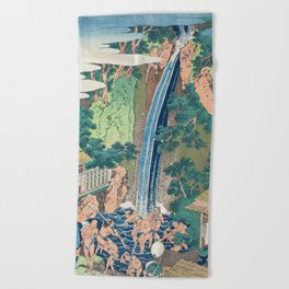 Roben Falls At Mt Oyama Sagami Province by Katsushika Hokusai. A traditional Japanese Ukyio-e style illustration of majestic Japan Falls  Beach Towel