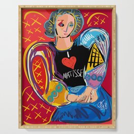Portrait of a girl with a shirt "I Love Matisse" Serving Tray