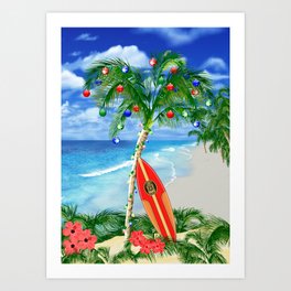 Beach Christmas Art Print | Illustration, Melekalikimaka, Digital, Christmas, Xmas, Tropicalchristmas, Caribbean, Callifornia, Surfboard, Beach 