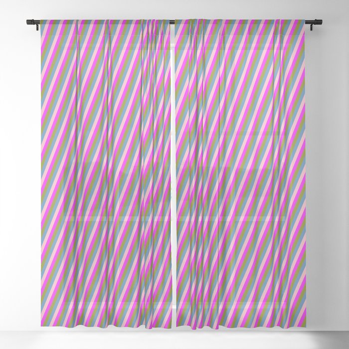 Blue, Light Pink, Fuchsia & Green Colored Pattern of Stripes Sheer Curtain