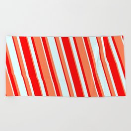 [ Thumbnail: Red, Light Cyan & Coral Colored Lines/Stripes Pattern Beach Towel ]
