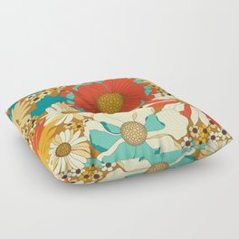 Red, Orange, Turquoise & Brown Retro Floral Pattern Floor Pillow