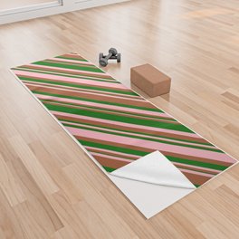 [ Thumbnail: Light Pink, Sienna, and Dark Green Colored Stripes Pattern Yoga Towel ]
