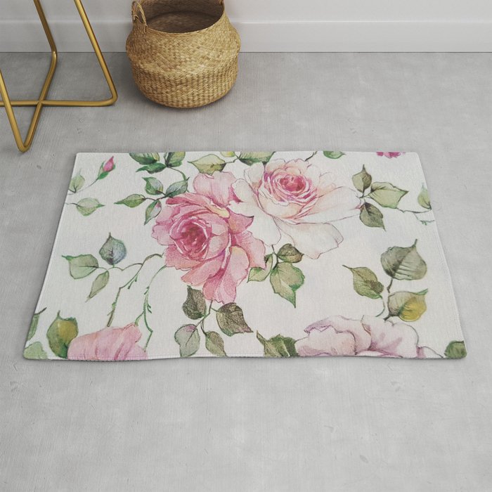 Hand painted blush pink forest green floral Rug by Pink Water Society6