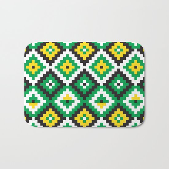 Aztec pattern - green, yellow, black, white Bath Mat