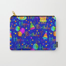 Happy Birthday Celebration with Balloons, Streamers, Cakes in Bright Colors on Blue Carry-All Pouch | Brightwatercolor, Cake, Brightcolors, Birthdaycake, Balloons, Handpainted, Partytime, Bestseller, Watercolors, Streamers 