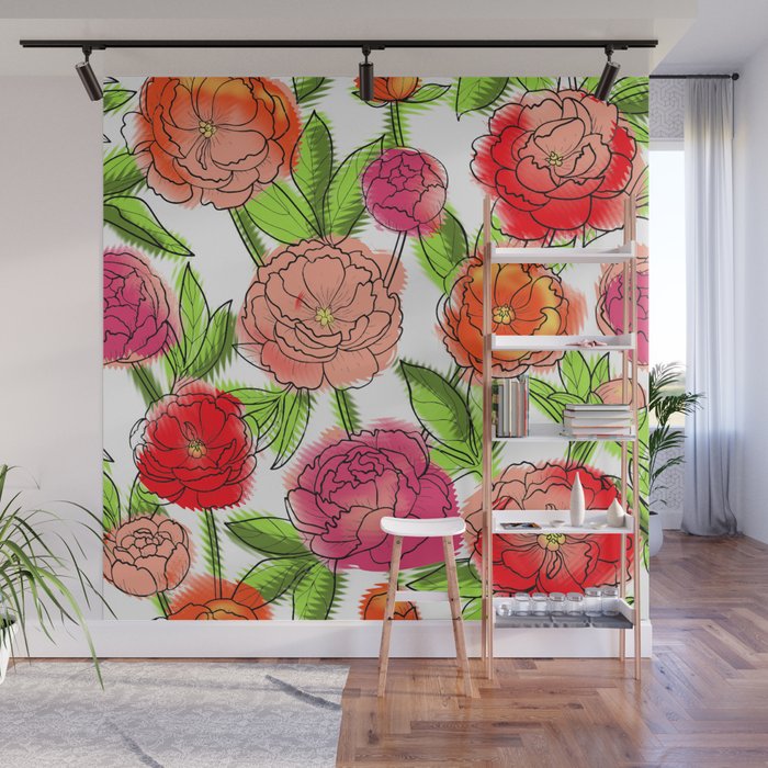 Bright Peonies Wall Mural by kimburnsdesigns | Society6