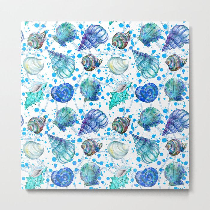 Seamless watercolor marine pattern. Endless texture. Hand draw. Collection of shells on white backgr Metal Print