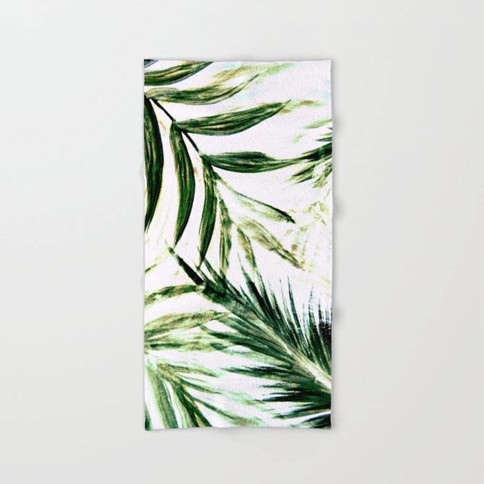 white green palm tree leaves tropical print Hand Bath Towel by
