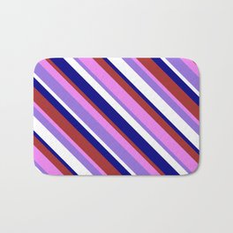 [ Thumbnail: Colorful Blue, Brown, Violet, Purple & White Colored Striped Pattern Bath Mat ]