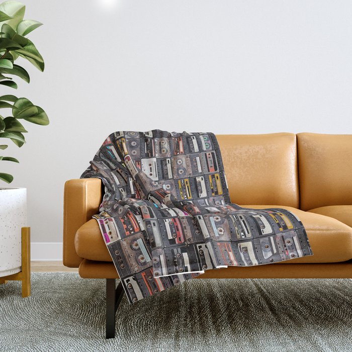 Huge collection of audio cassettes. Retro musical background Throw Blanket
