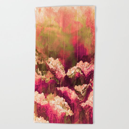 IT'S A ROSE COLORED LIFE 2 - Colorful Floral Garden Chic Abstract Pink White Olive Green Painting Beach Towel