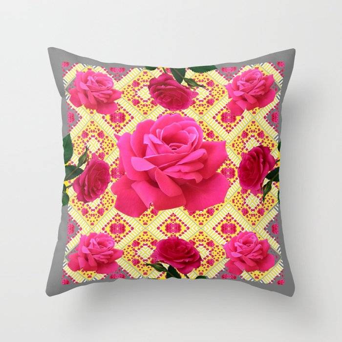 PINK GARDEN ROSES PATTERN  GREY ABSTRACT Throw Pillow